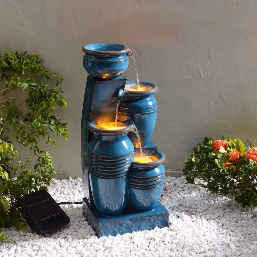 Teamson Home Solar Outdoor Cascade Water Fountain with LED Lights in Blue and Brown, Height: 73 cm – 3