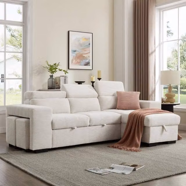 Home Detail Azalea L-Shape Sofa Bed with Reversible Chaise and Pull-Out Frame in Cream