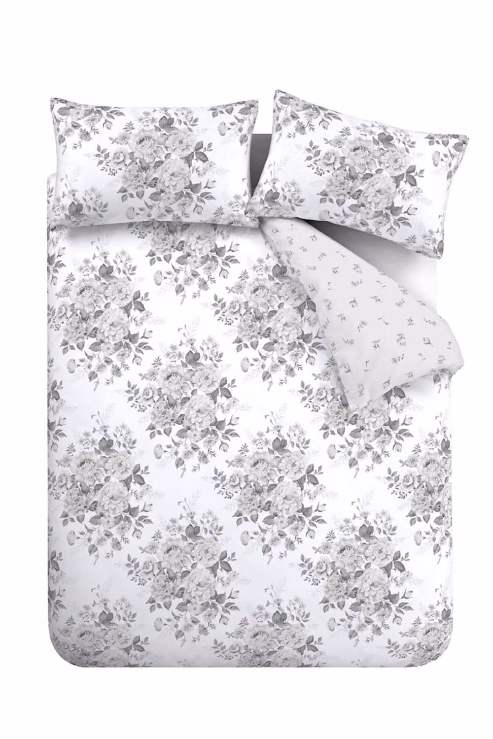 Catherine Lansfield Elinda Floral Reversible King Duvet Cover and Pillowcase Set in Grey and White – 3