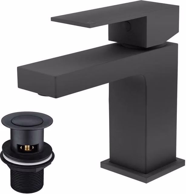 VOGREX Square Single Lever Basin Mixer Tap with Pop Up Waste in Matte Black