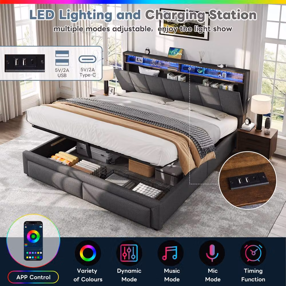 Matteo King Upholstered Bed Frame with Storage, LED Lighting and USB Charging Port, Grey Fabric, W: 180 cm x D: 200 cm – 6