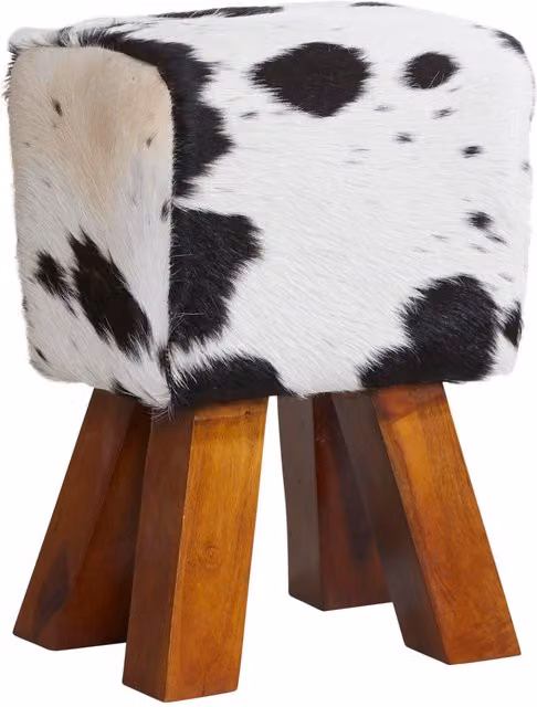 IH Design Modern Cowhide Print Faux Leather Cube Stool in Black and Multicolour with Wood Frame