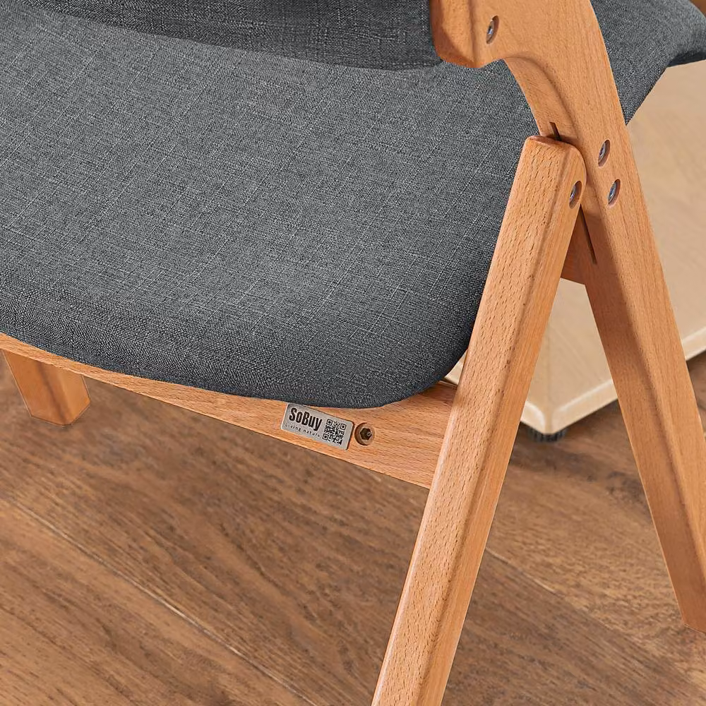 SoBuy Ergonomic Folding Wooden Chair with Grey Fabric Upholstery – 3