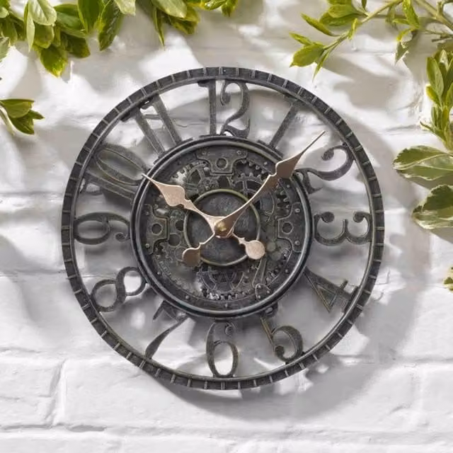 Garden Mile Industrial Round Hanging Quartz Analog Mechanical Clock in Grey