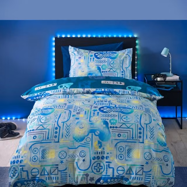 Catherine Lansfield Gamer Reversible Microfibre Duvet Cover and Pillowcase Set, Grey, Blue and Multicolour, W/D/H: 135 x 200 cm and 50 x 75 cm
