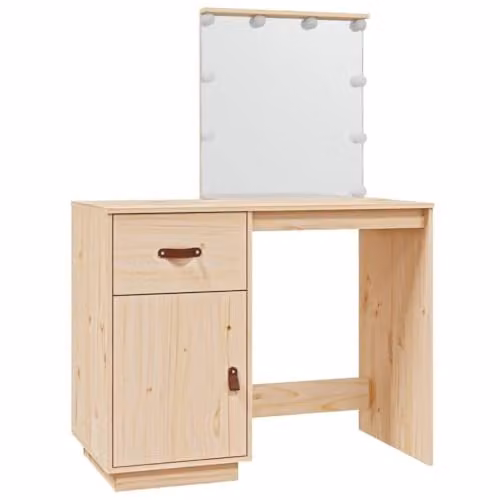 vidaXL Dressing Table with LED in Beige Solid Pine Wood, W/D/H: 95 x 50 x 133.5 cm
