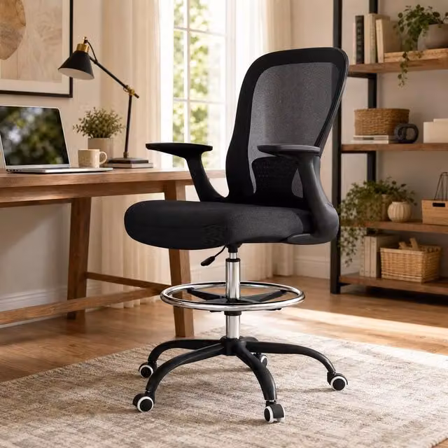 STILVORA Black Fabric Draughtsman Chair with Flip-up Armrests and Foot Ring – 1