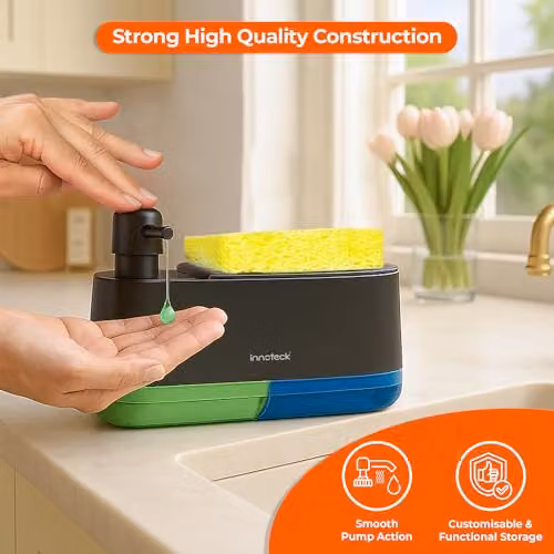Innoteck Essentials 3-in-1 Hand and Dish Soap Dispenser with Sponge Holder, Black, 420ml and 380ml Capacity – 3