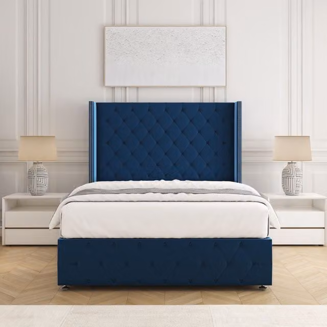 BSSPOKE Mayfair Plush Velvet Divan Bed with Headboard and Mattress in Blue, W/D/H: 90 x 190 cm