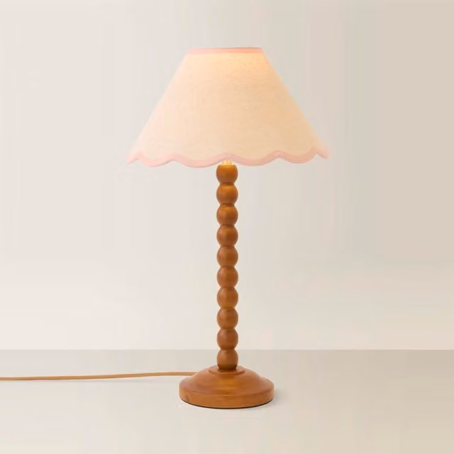 ValueLights Bobbin Walnut Table Lamp with Baby Pink Linen Trim Scallop Shade and LED Bulb