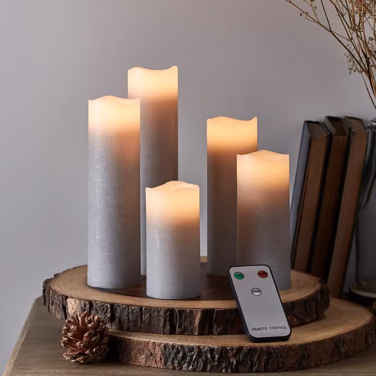Lights4fun Set of 5 Grey Wax Flameless LED Slim Pillar Candles with Remote Control and Flicker Effect