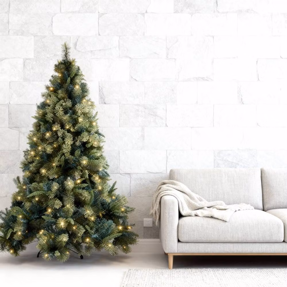 Shatchi 8ft Pre-Lit Kentucky Pine Artificial Green Christmas Tree with Warm White LED Lights – 3