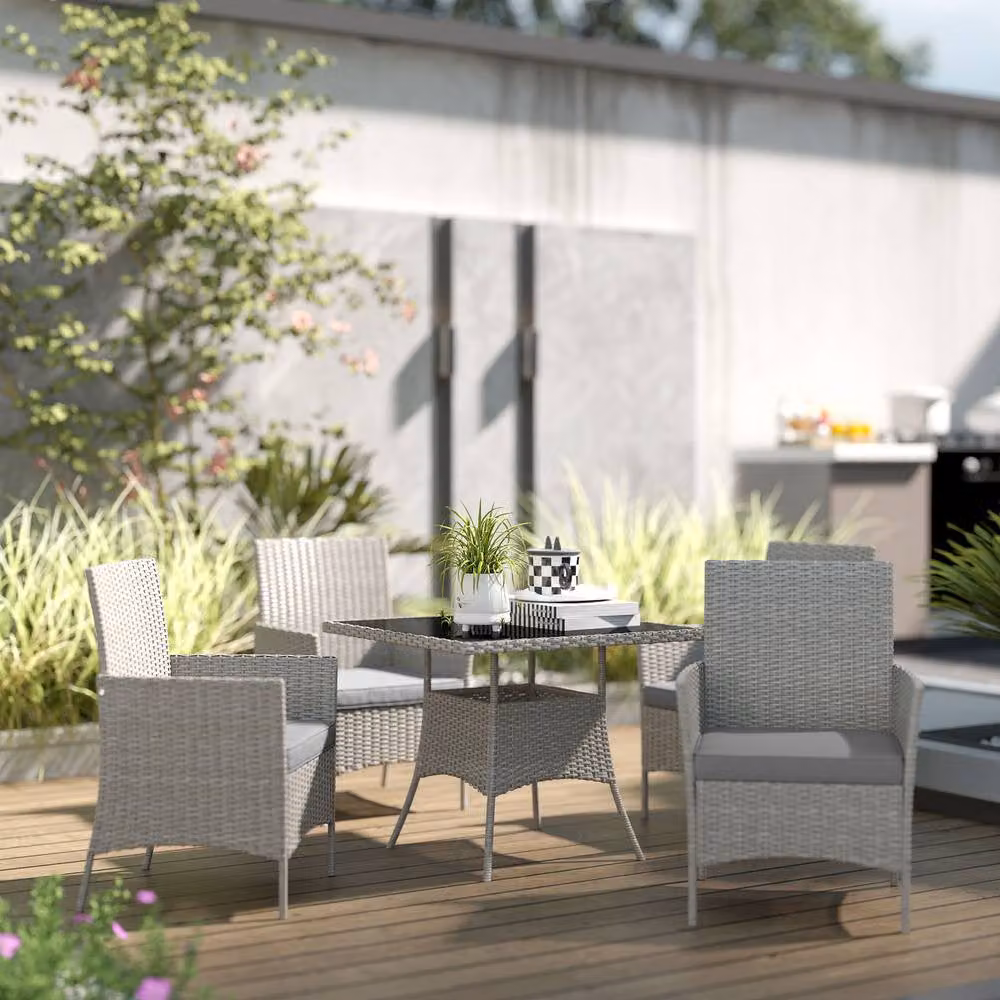 STILVORA 5-Piece Modern Garden Dining Set with Square Tempered Glass Table and Chairs in Grey – 2