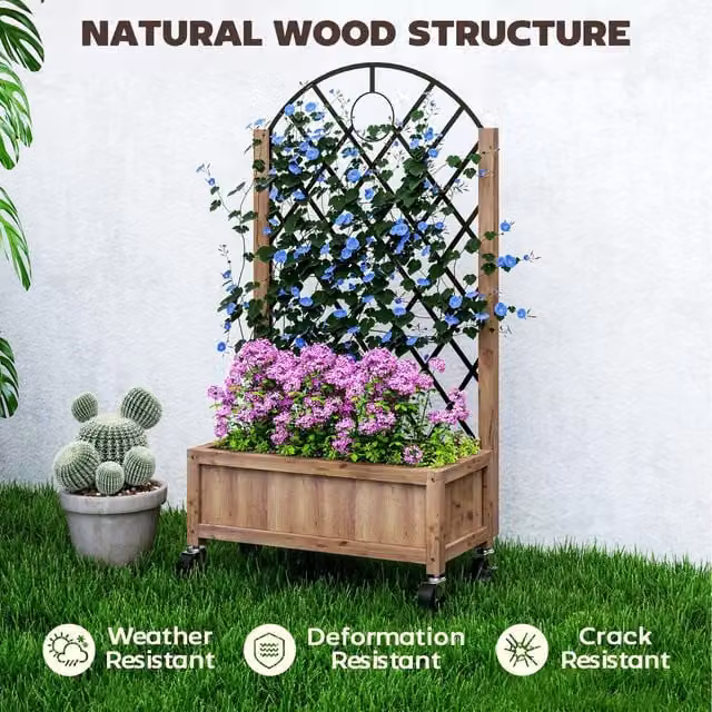 Outsunny Brown Wooden Planter with Metal Trellis and Drainage Holes