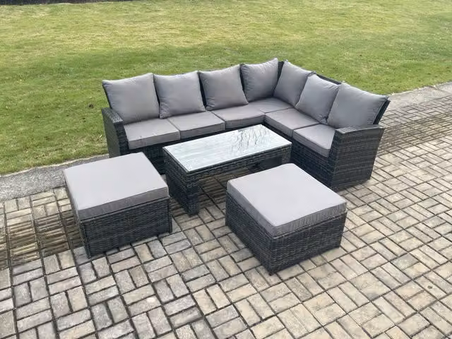 Fimous 8 Seater Dark Grey Wicker Rattan Corner Sofa Set with 2 Footstools and Rectangular Coffee Table