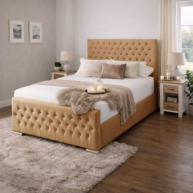 Desire Deco Kensington Upholstered Plush Velvet Bed Frame in Beige, Size: 140 x 200 cm