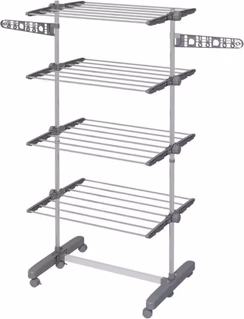 FORGEVIO 4-Tier Large Stainless Steel Clothes Airer in Grey, Foldable Drying Rack with Wheels