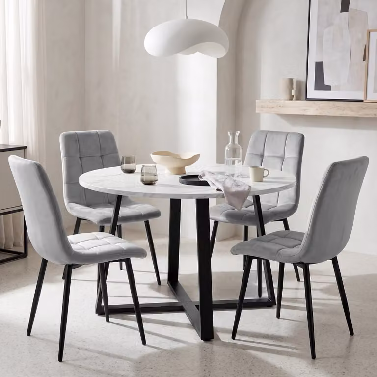DHS Kyvon Round Dining Table Set with 4 Chairs, White Marble Effect and Light Grey