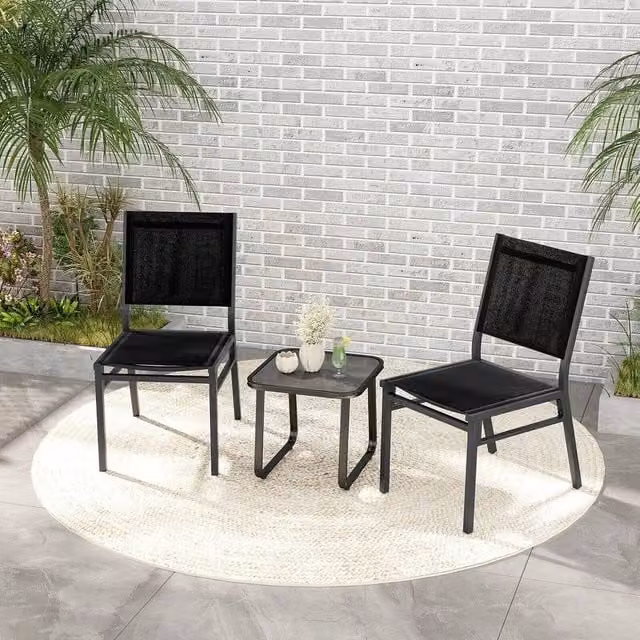 VOGREX Set of 2 Modern Matt Black Metal Armless Outdoor and Dining Chairs