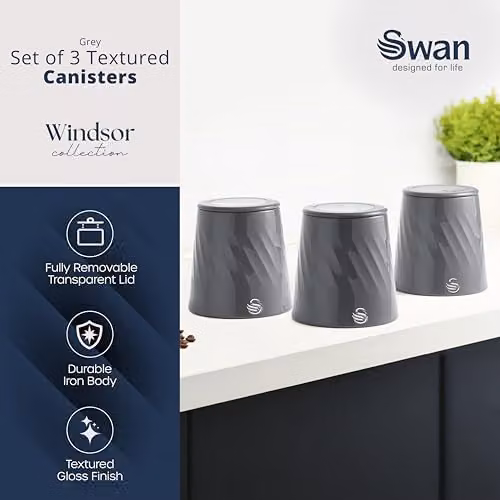 Swan Windsor Set of 3 Metal Canisters for Tea, Coffee and Sugar, Grey with Transparent Lids, 1.3 l Each – 2