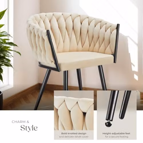 tectake Set of 2 Astano Dining Chairs with Velvet Fabric and Knot Design in Sand and Black – 4