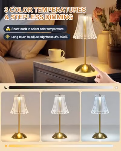 Harper Living Rechargeable LED Table Lamp, Dimmable Touch Control Bedside Reading Light in Gold/Brass Finish – 2