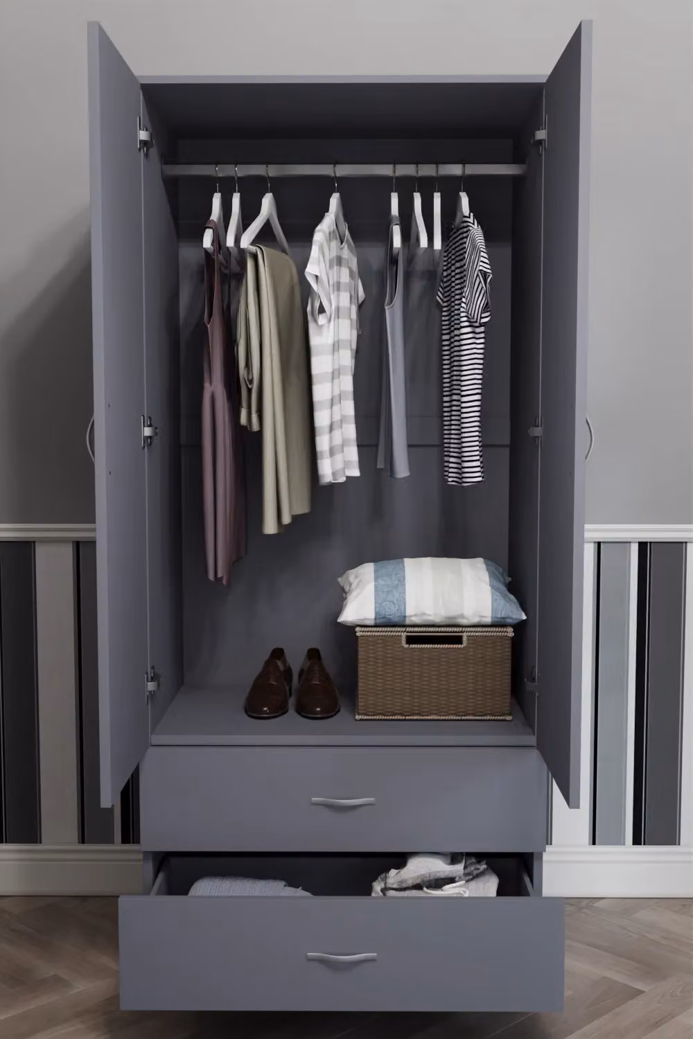 Home Discount Vida Designs Riano Modern Grey 2 Door 2 Drawer Wardrobe with Hanging Rod and Internal Shelves – 3