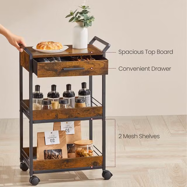 VASAGLE 3-Tier Industrial Rolling Storage Cart with Drawer and Lockable Castors in Bronze