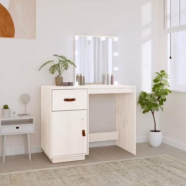 Berkfield Home White Rustic Solid Wood Pine Dressing Table with Hollywood LED, W/D/H: 95 x 50 x 133.5 cm