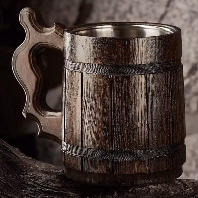 NOVECRAFTO Handmade Wooden Beer Mug in Dark Brown, 500 ml
