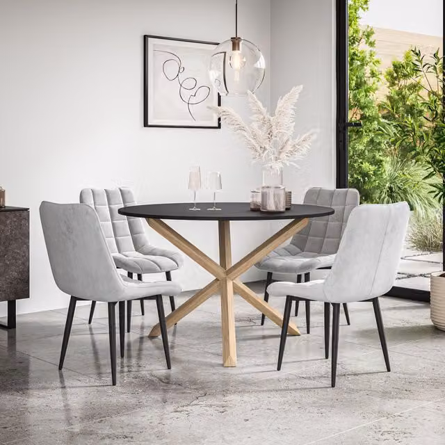 More4Homes Malvern Round Dining Table and Set of 4 Nova Velvet Grey Chairs with Black Top and Solid Oak Legs, Diameter: 120 cm, Height: 75 cm