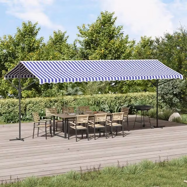 Berkfield Home Free Standing Striped Maritime Awning in Blue and White, W: 600 cm, D: 300 cm