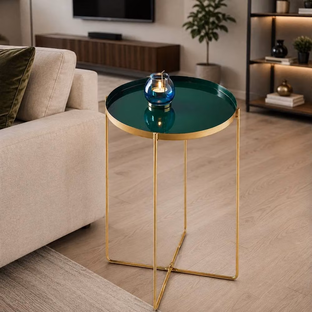 Spot On Dealz Round Side Table with Removable Tray in Dark Green and Gold – 3