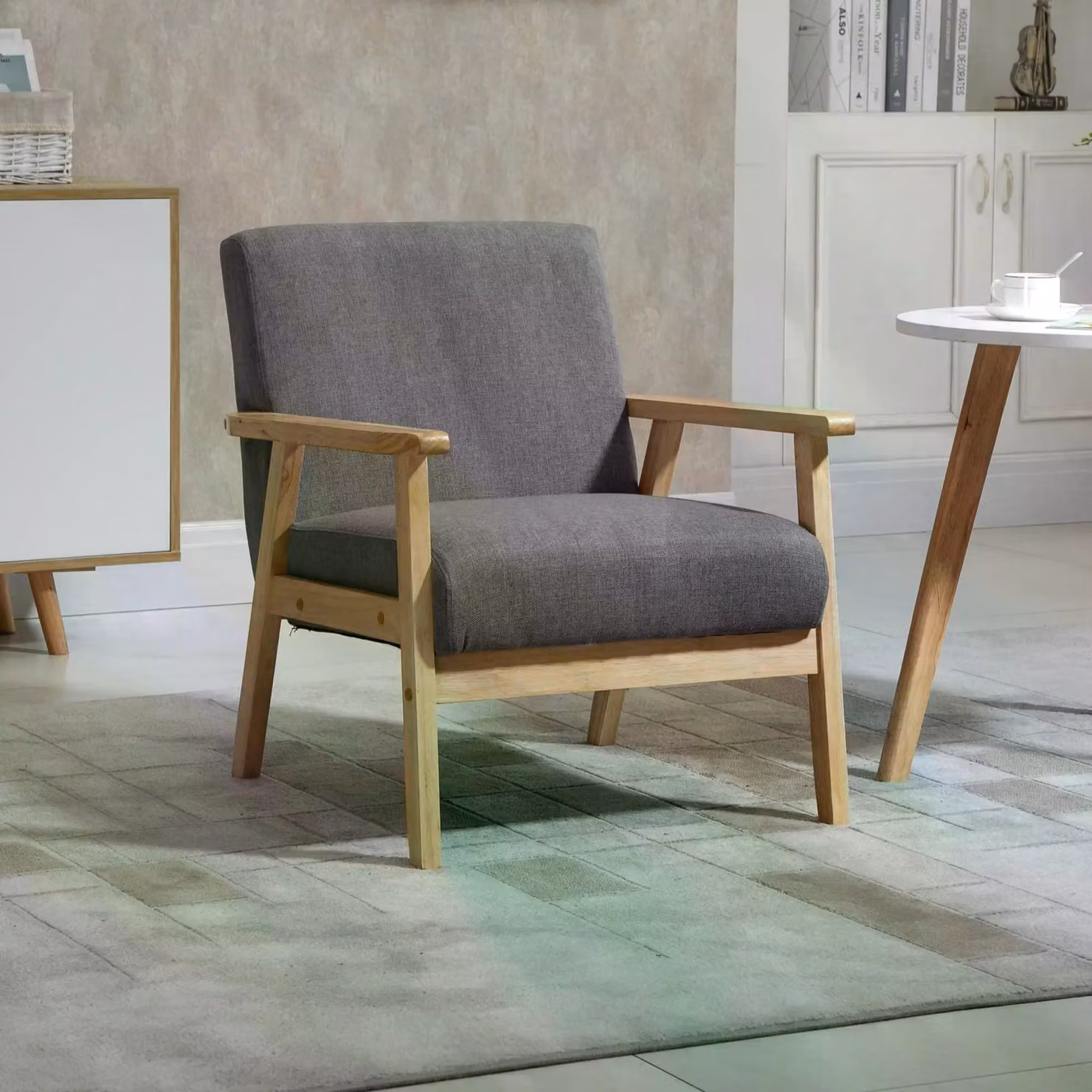 HOMCOM Mid Century Minimalistic Accent Chair with Solid Wood Frame and Grey Linen Cushions – 2