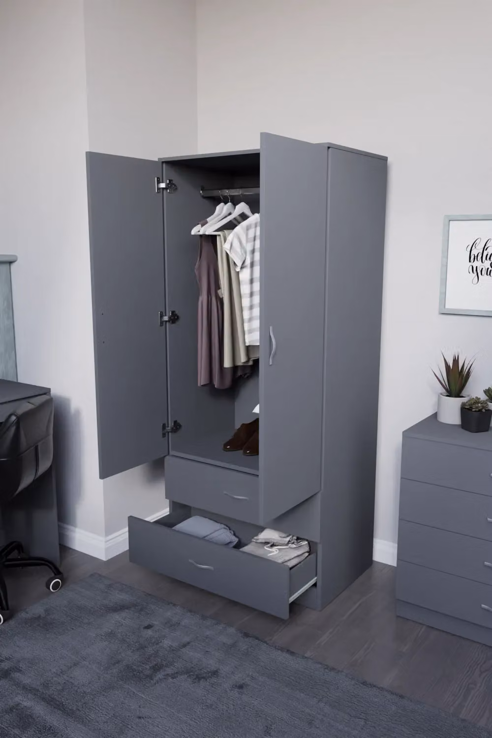 Home Discount Vida Designs Riano Modern Grey 2 Door 2 Drawer Wardrobe with Hanging Rod and Internal Shelves – 5