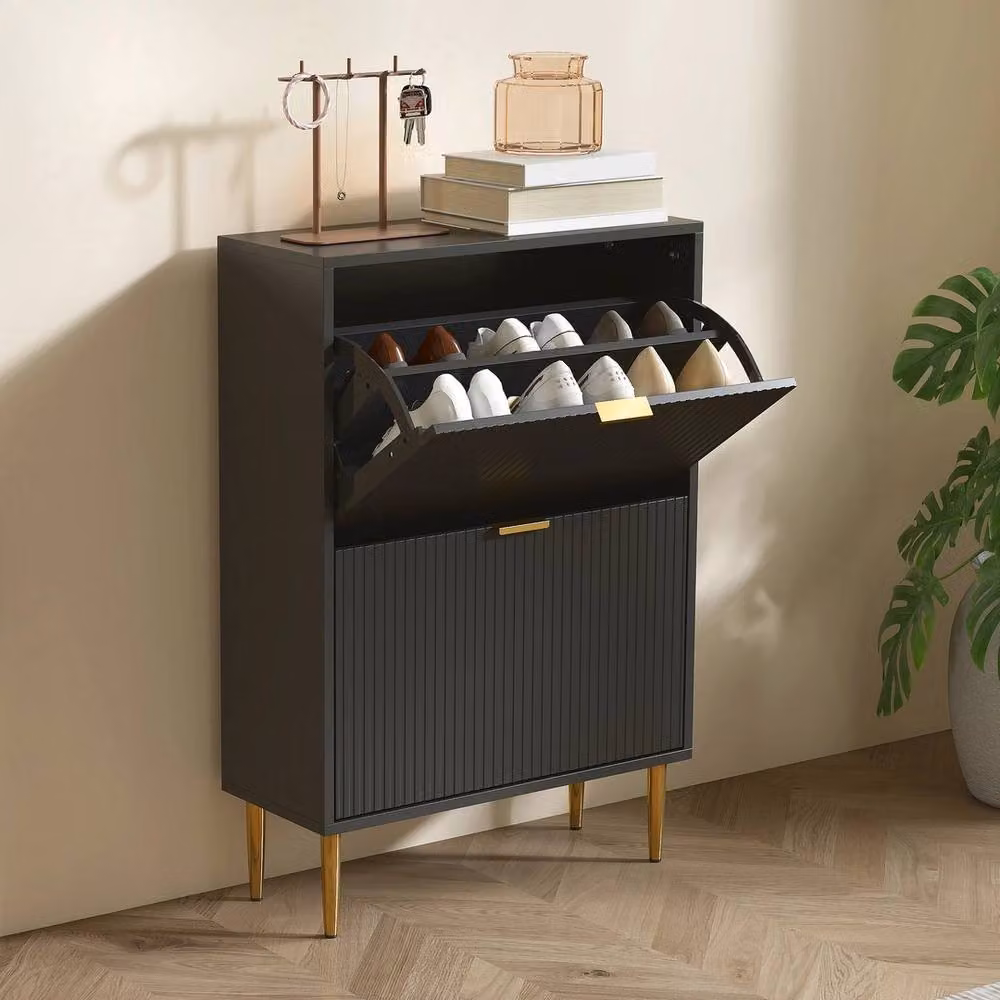 NESTLUNE Slim Shoe Storage Cabinet with 2 Tilting Compartments, Black, W: 100 cm, D: 15 cm – 3