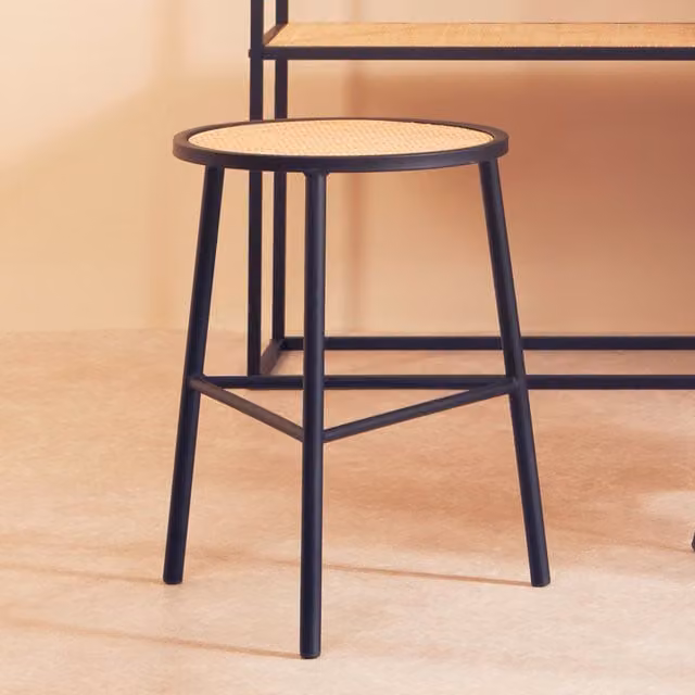 Orsina Depok Rattan Seat Stool with Black Metal Legs in Beige
