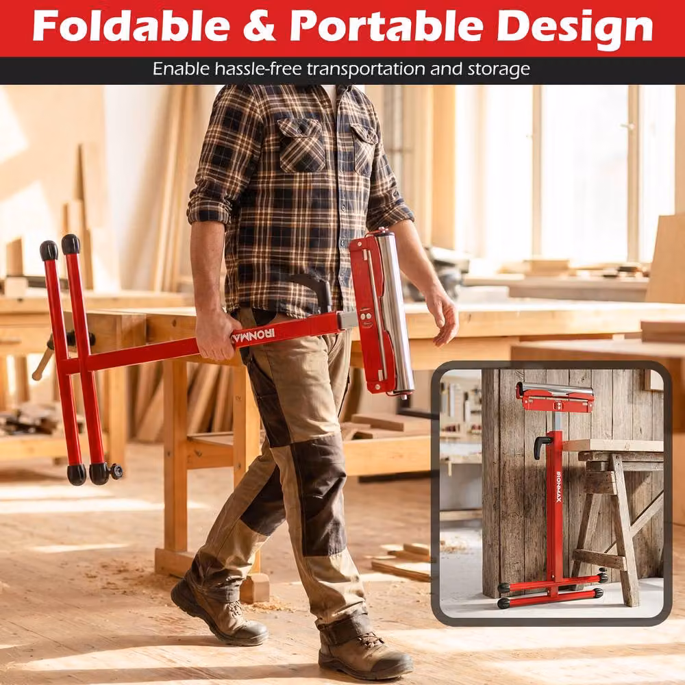 Gymax 2-Piece Set of Red Metal Folding Roller Stands with Adjustable Height for Table Saws – 2