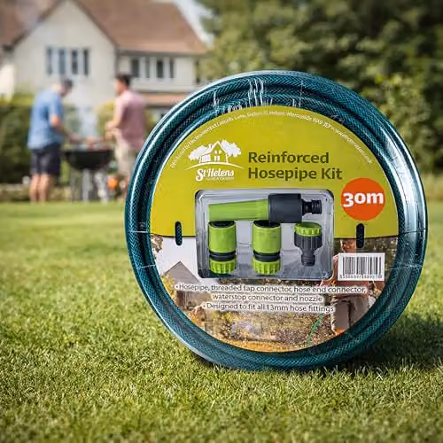 St Helens Home & Garden Green Hosepipe Kit with 30m Reinforced Hosepipe, Tap Connector, Hose End Connector and Water Stop Connector – 6