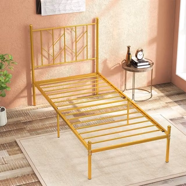 COSTWAY Modern Metal Single Bed Frame in Glossy Gold, W/D/H: 90 x 190 cm