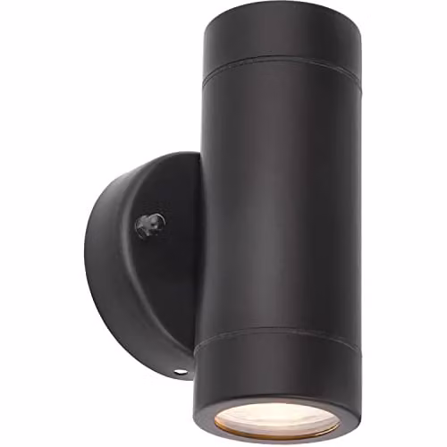 Loops Up and Down Twin Outdoor Wall Light in Matt Black Stainless Steel with Transparent Glass, IP44 Rated, Dimmable, GU10 LED