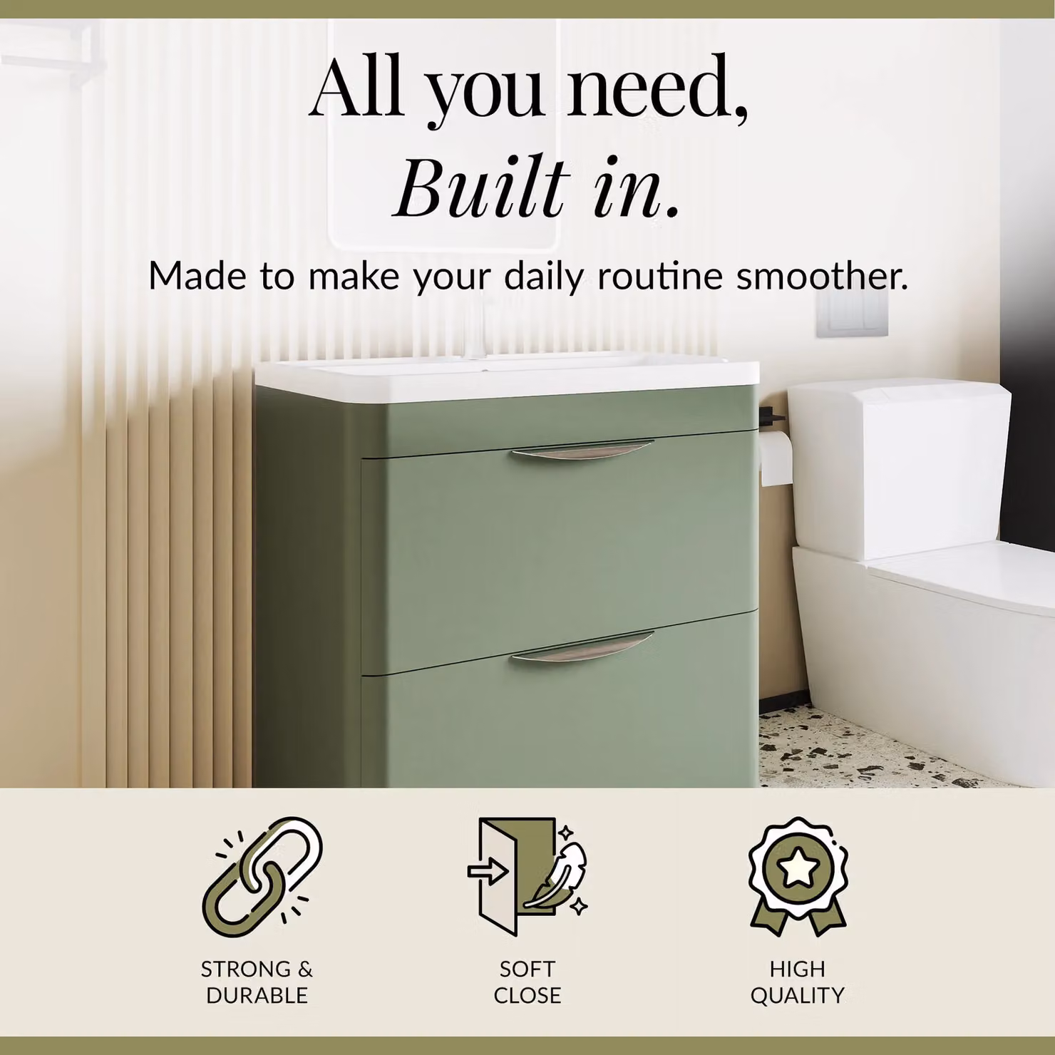 Balterley Contemporary 2 Drawer Bathroom Floor Vanity Unit in Matt Satin Green, W: 80 cm, H: 84 cm – 2