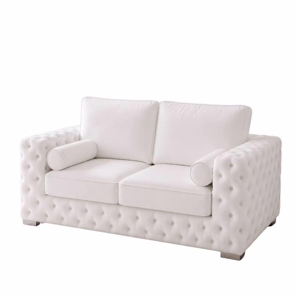 Stratus Interiors Ashley Tufted Chesterfield 2 Seater Fabric Living Room Sofa in White, W: 177.8 cm, H: 76.0 cm, D: 67.0 cm – 2