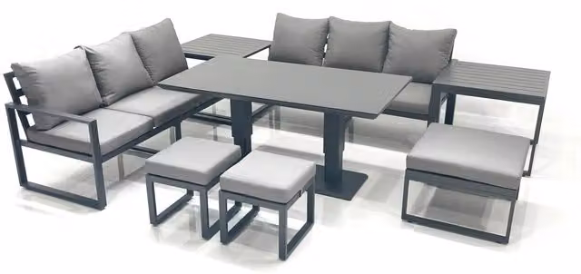 Fimous 9 Seater Aluminium Outdoor Garden Furniture Set in Dark Grey with Adjustable Rising Lifting Dining Table, 3 Seater Sofa, 3 Footstools and 2 Side Tables – 1