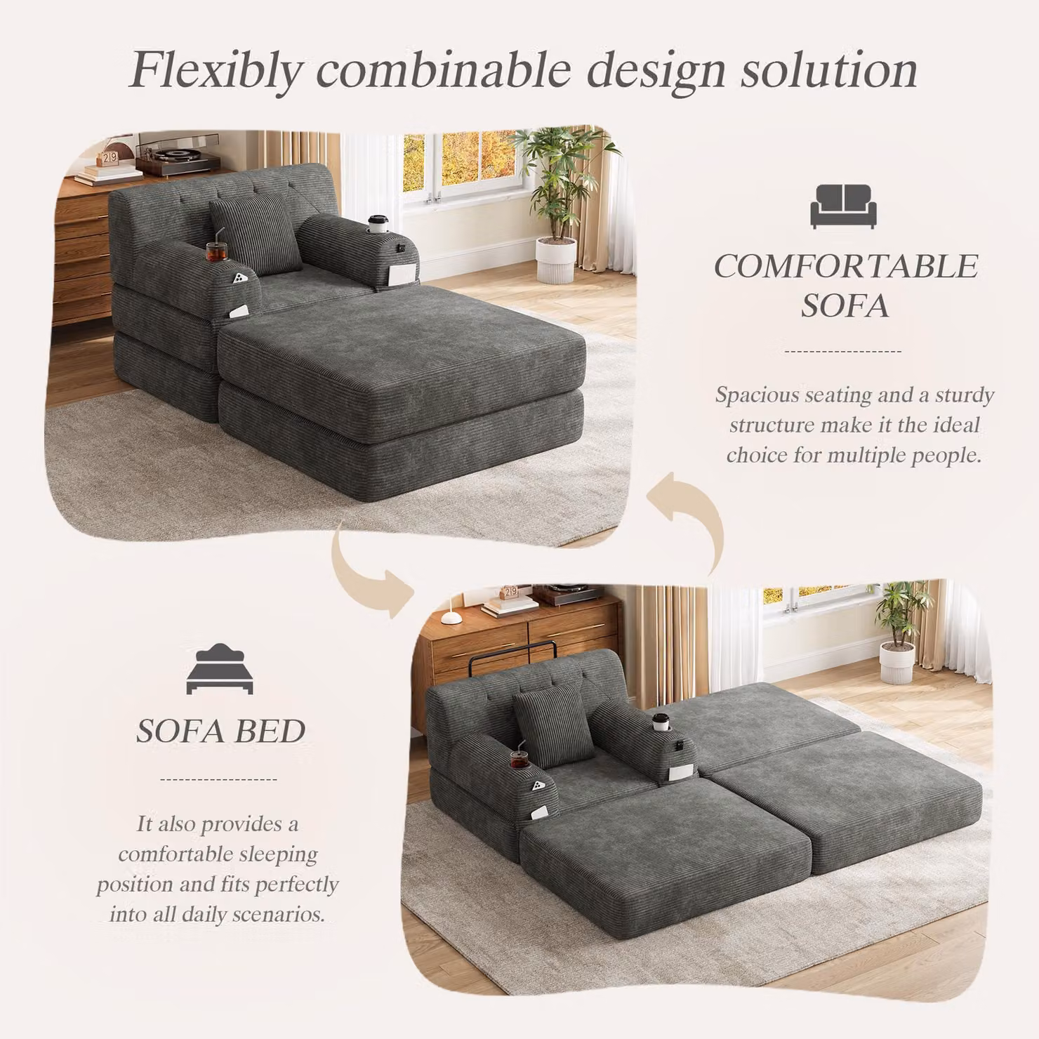 Aosom UK Corduroy Sleeper Chair with Ottoman and Metal Frame, Convertible 1-Seater Sofa Bed with High Backrest, W/D/H: 162 x 107 x 81 cm, Dark Gray – 3