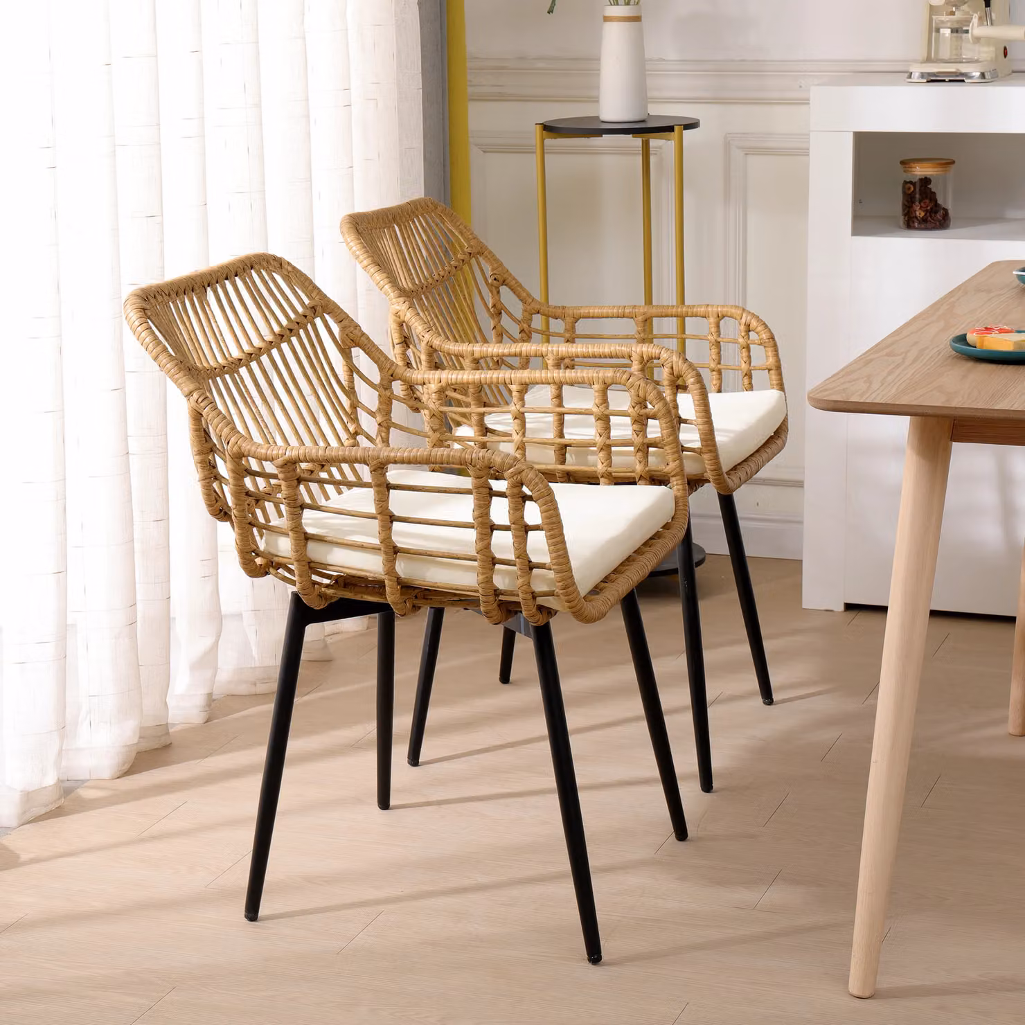 Nordlys Set of 2 Modern Polyrattan Dining Chairs with Armrests and Cushions in Brown and Black – 4