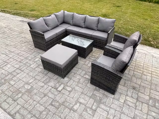 Fimous 9 Seater Rattan Garden Furniture Set in Dark Grey with High Back Corner Sofa, Rectangular Coffee Table, 2 Armchairs and Large Footstool