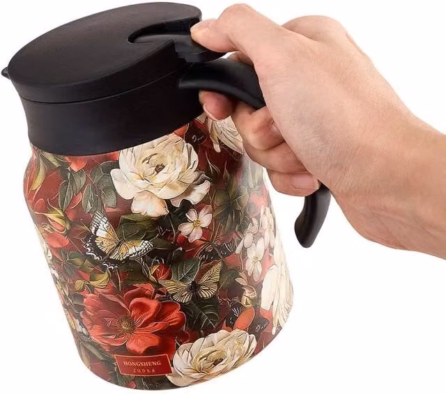 NESTLUNE Red Floral Pattern Stainless Steel Insulated Tea Thermos with Infuser, 1000ml