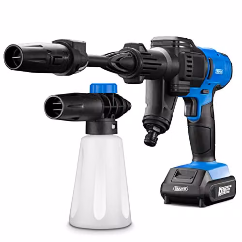 Draper PW16 Cordless Pressure Washer with 2Ah D20 Battery and Charger, 16 Bar, Blue – 1