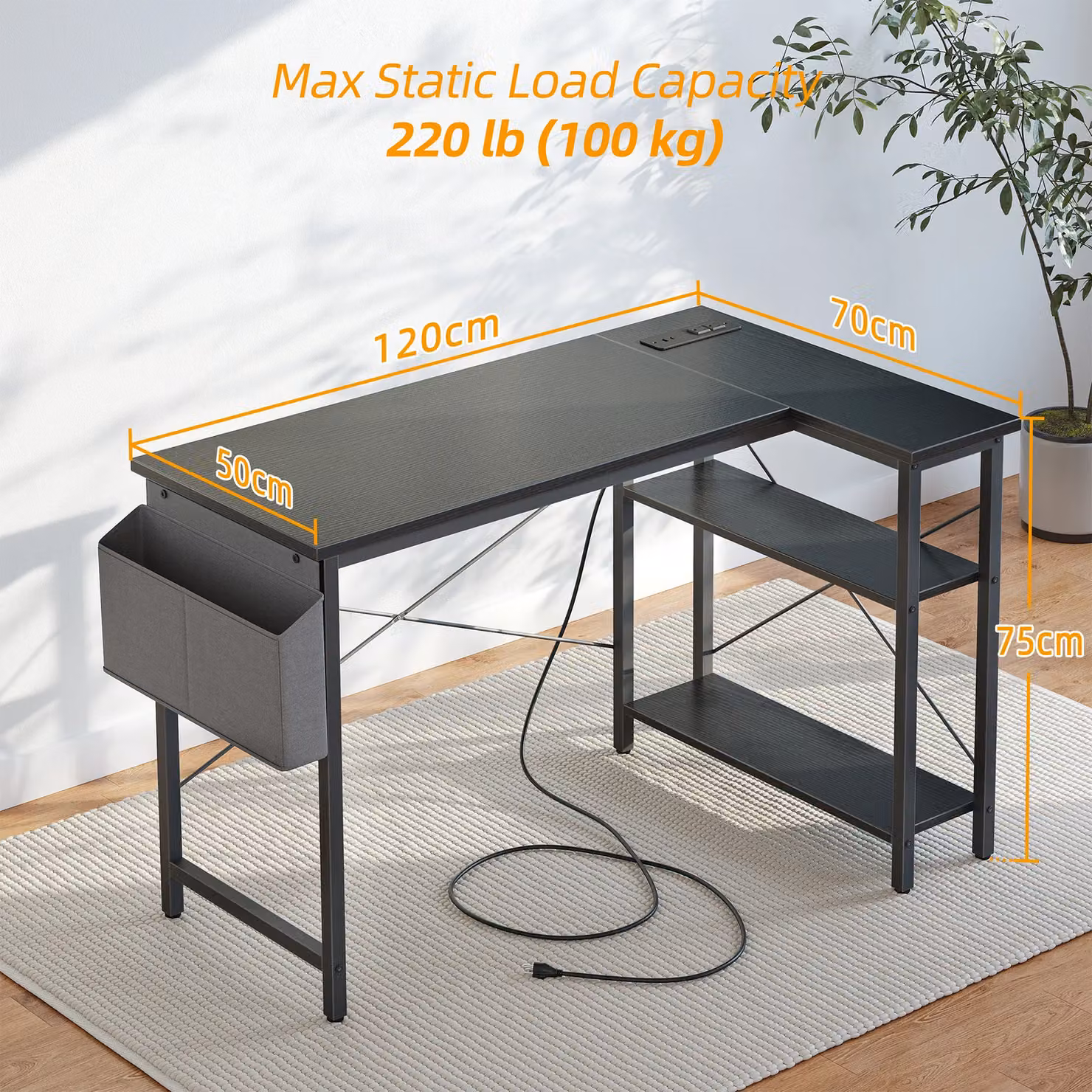 BEXEVUE L-Shaped Computer Gaming Desk with Power Outlets, Black, W/D/H: 100 x 70 x 75 cm – 3
